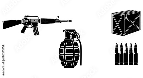 Various military weapons and equipment illustration
