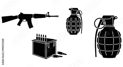 Various military weapons and ammunition on display