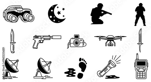 Various military and combat icons in black and white illustration