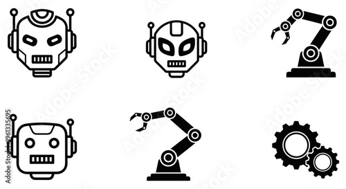 Industrial robots and robotic heads with mechanical arm and gear icons