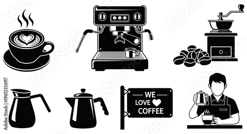 Black and white coffee shop icons including coffee cup, machines, and barista