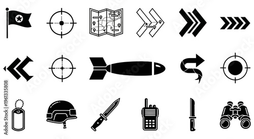 Various military icons and symbols in black and white