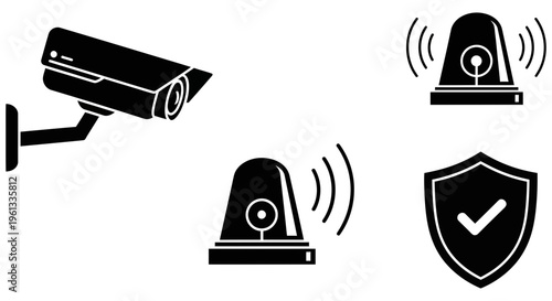 Security icons including a camera and alarm system with a shield