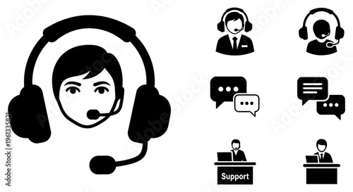 Customer support representative with various communication icons and support team