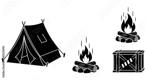 Camping gear including a tent and campfires with wooden crate