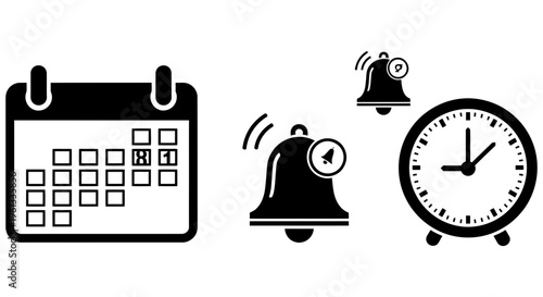 Black and white icons of calendar, alarm clock, and bell on white background