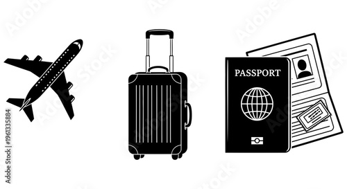 Travel essentials including airplane, luggage, and passport documents