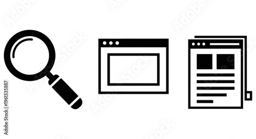 Simple black icons of a magnifying glass and web browser windows on a white background