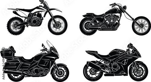 Motorcycle silhouettes collection featuring sport bike, cruiser, touring and dirt bike isolated on white background for transportation, racing, travel and motorbike lifestyle concepts