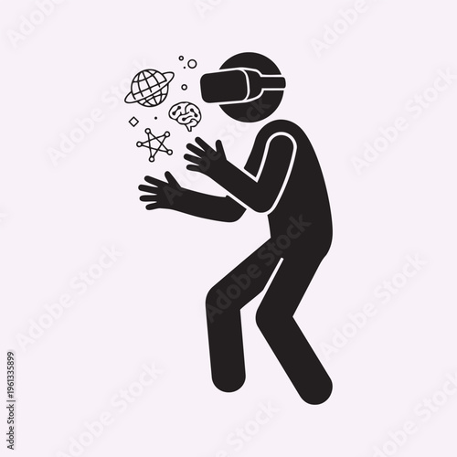 Stick Figure Wearing VR Headset Reaching Hands Immersive Virtual Reality Concept Minimal Black Vector Silhouette Illustration