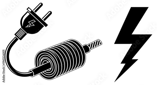 Electric plug with coiled cord and lightning symbol nearby