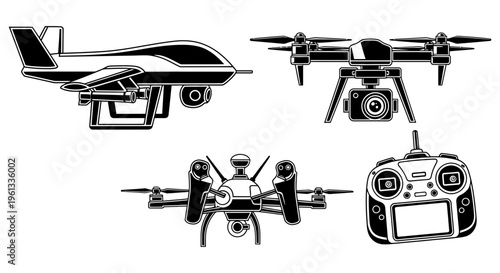 Drone and airplane with controller illustrations for tech and aviation enthusiasts