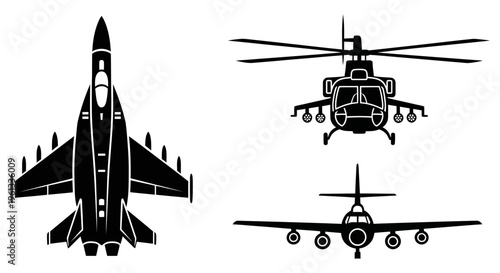 Military aircraft silhouettes including fighter jet helicopter and transport plane