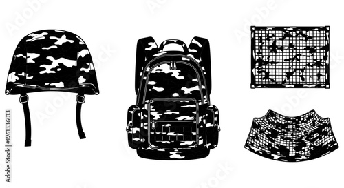 Camouflage backpack and matching accessories on white background