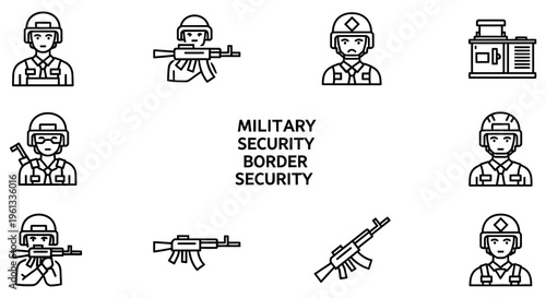 Military security icons set including soldiers and guns for border protection