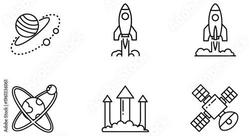 Black and white line art illustrations of space rockets and planets