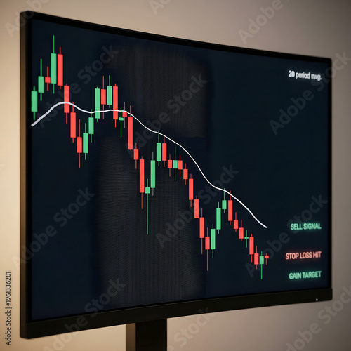 Dramatic financial market downtrend with falling candlestick chart and bearish trading analysis on digital screen