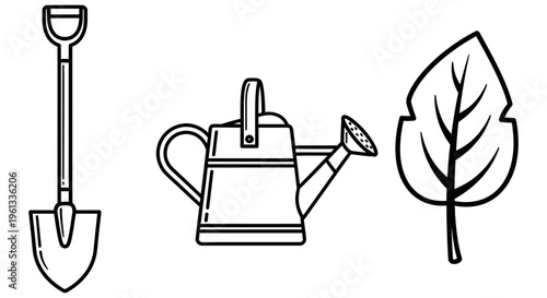 Gardening tools and leaf illustration set for planting