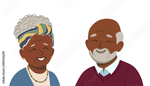 Elderly dark-skinned woman and man. Vector illustration of a happy senior African American couple. Smiling man and woman avatars, flat design characters. Vector illustration isolated on white