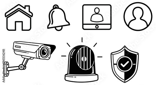 Security icons including a house, bell, person on screen, profile, camera, alarm, and shield with checkmark for protection and safety