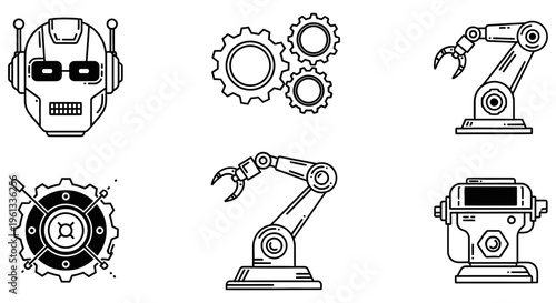 Industrial robots and mechanical parts illustrated in line art style
