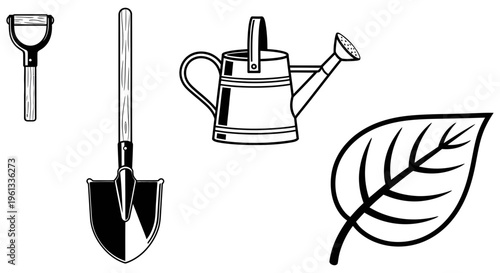 Gardening tools and leaf illustration for planting and growth