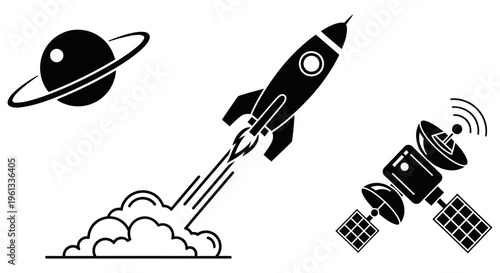 Black and white illustration of a rocket launching into space next to a satellite
