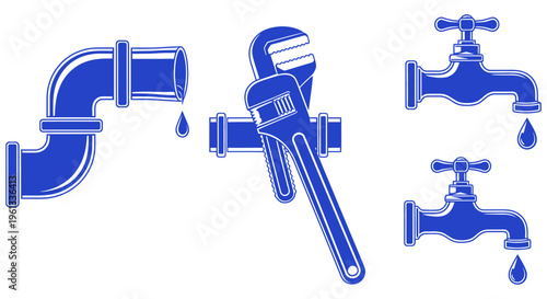 Blue icons of leaky faucets and pipe with adjustable wrench for plumbing repair
