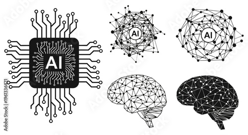 Artificial intelligence concept with brain and microchip illustrations