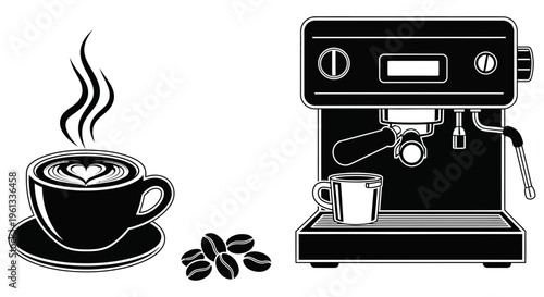 Coffee machine and cup with coffee beans on a clean white background for cafe or kitchen use