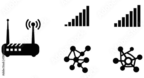 Network connection and data exchange symbols with router and graphs