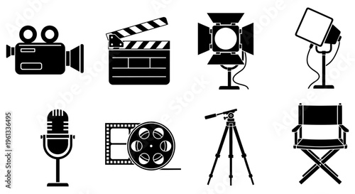 Film production icons set including camera and lighting equipment