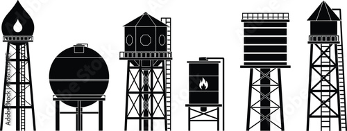 Oil and fuel storage tanks icons set with industrial towers, refinery containers and petroleum reservoirs isolated on white background for energy industry design