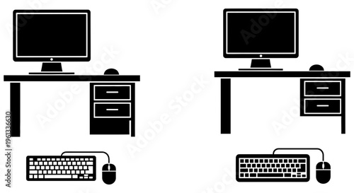 Two computer workstations with monitors and peripherals on desks
