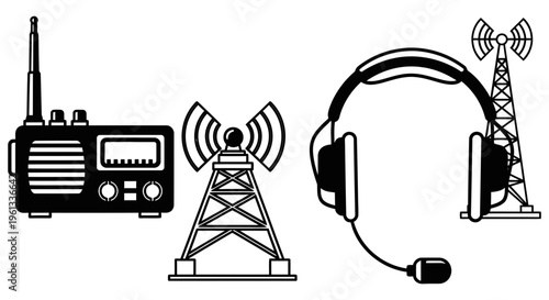 Black and white illustration of radio communication devices and towers