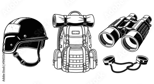 Military gear including helmet, backpack, and binoculars for outdoor activities