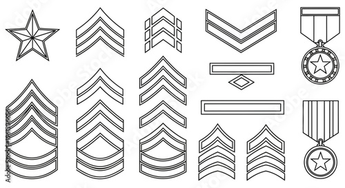 Various military rank insignia and medals displayed in a black and white format for identification