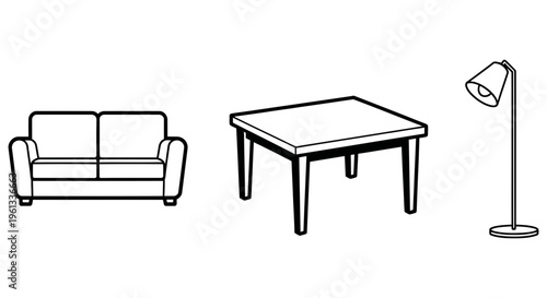 Simple line drawing of a couch, coffee table, and floor lamp