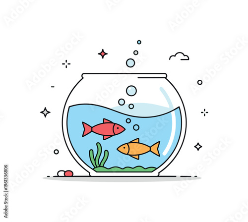 Fishbowl swimming scene charming fish moving gently through a round glass bowl while tiny bubbles float upward. Minimalist flat vector illustration, compact