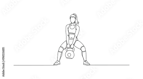 Female Athlete Kettlebell Lift. Minimalistic one-line drawing woman performing kettlebell lift with strong balanced stance, continuous single black line on