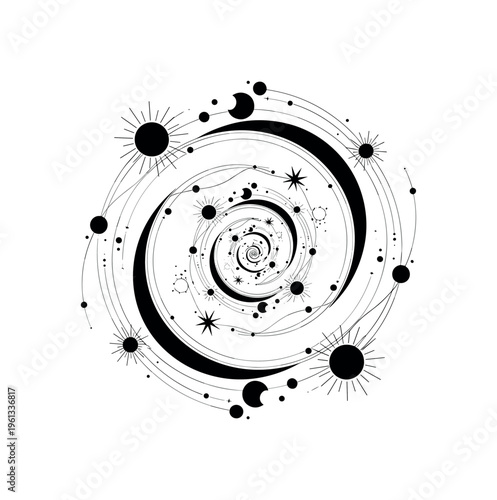 cosmic spiral with sun moon stars, concentric circles curved lines and geometric dots forming dynamic celestial vortex, black and white spiral composition