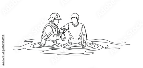 Flood Rescue Scene. Minimalistic one-line drawing emergency responder guiding a person through rising water during extreme weather, continuous single black