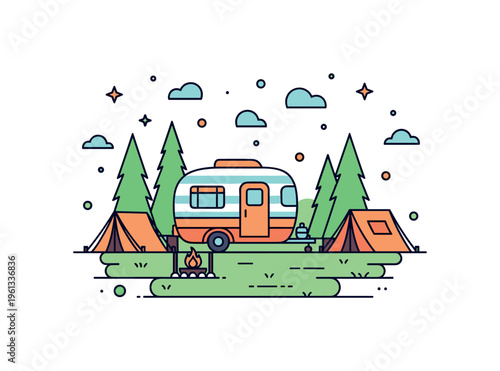 Little camper campsite playful tiny camper parked in a forest clearing with a small fire pit and tents for a cozy camping illustration. Minimalist flat vector