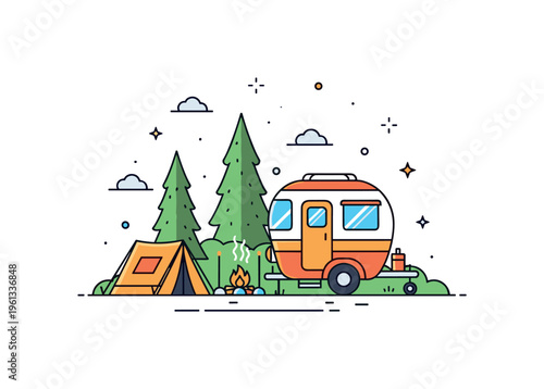 Tiny forest camping illustration adorable mini camper parked in a clearing with tents and a cozy fire, decorated with subtle stars or sparkles. Minimalist flat