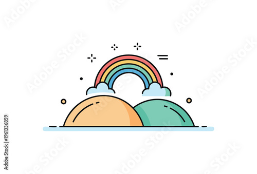 Rainbow over hills illustration small rainbow stretching above softly rounded hills with tiny decorative stars or clouds enhancing the whimsical scene.