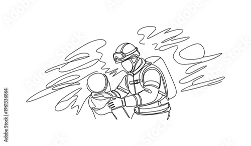 Storm Disaster Response. Minimalistic one-line drawing rescue worker wearing helmet and protective suit assisting during dangerous weather