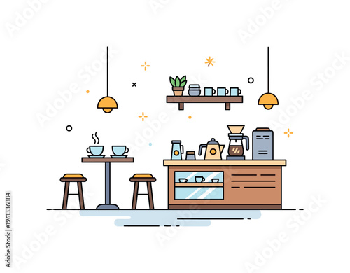 Little coffee shop corner miniature cafe interior featuring a small table, coffee cups, and a counter with brewing equipment creating a cozy cafe moment.