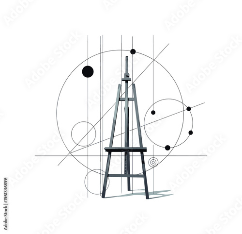 wooden painter easel, circular halos thin vertical lines and abstract shapes structuring calm studio scene, black and white retro easel standing alone like