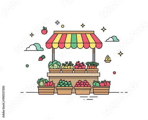 Cute farmer market tiny scene adorable market stall with colorful vegetables and fruits displayed in baskets under a small awning. Minimalist flat vector