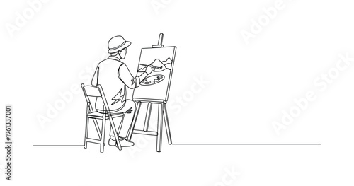 Creative Painter Outdoors. Minimalistic one-line drawing young artist painting natural scenery with brush and easel setup, continuous single black line on